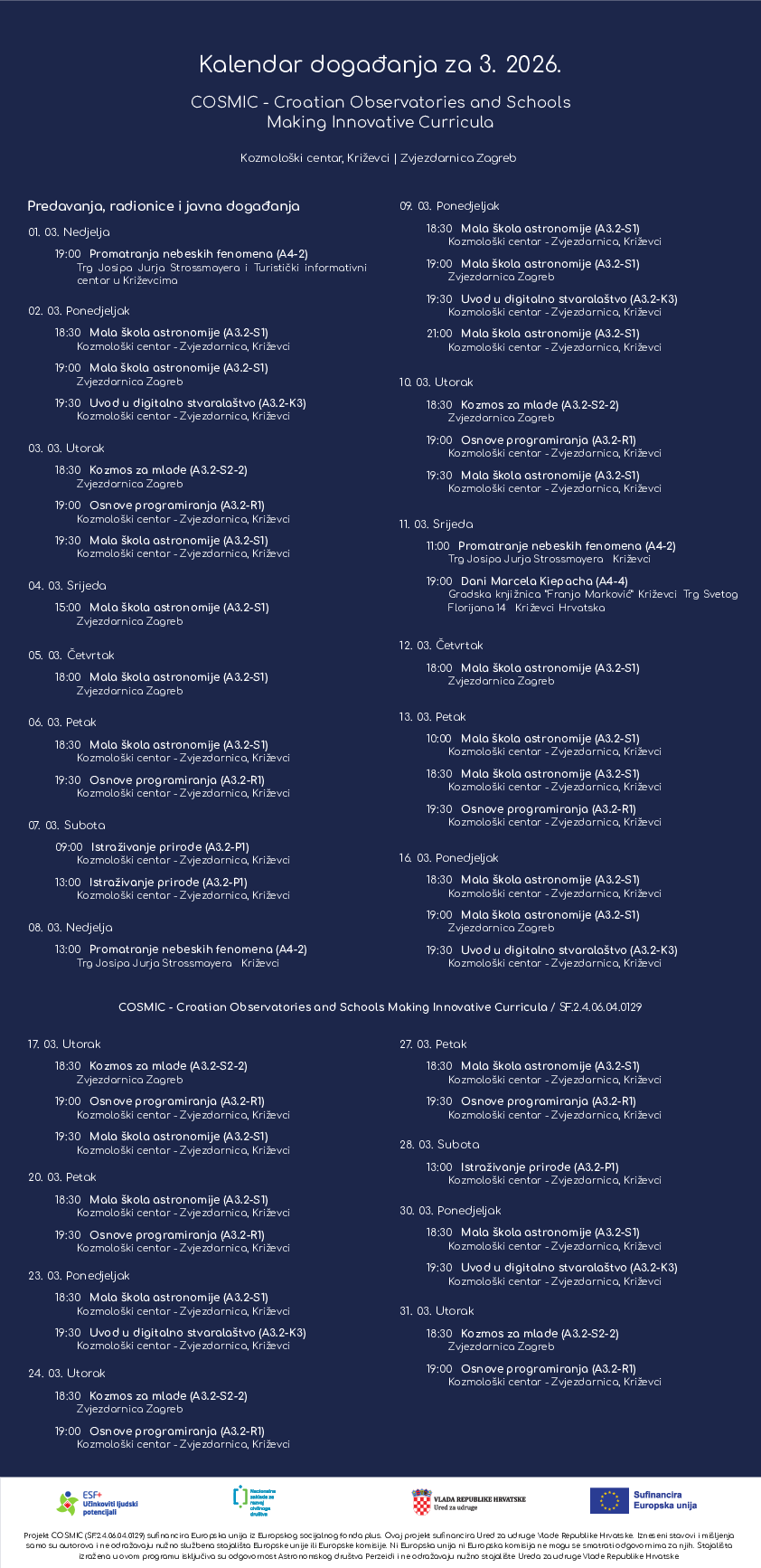 Kalendar događanja za 2026-03